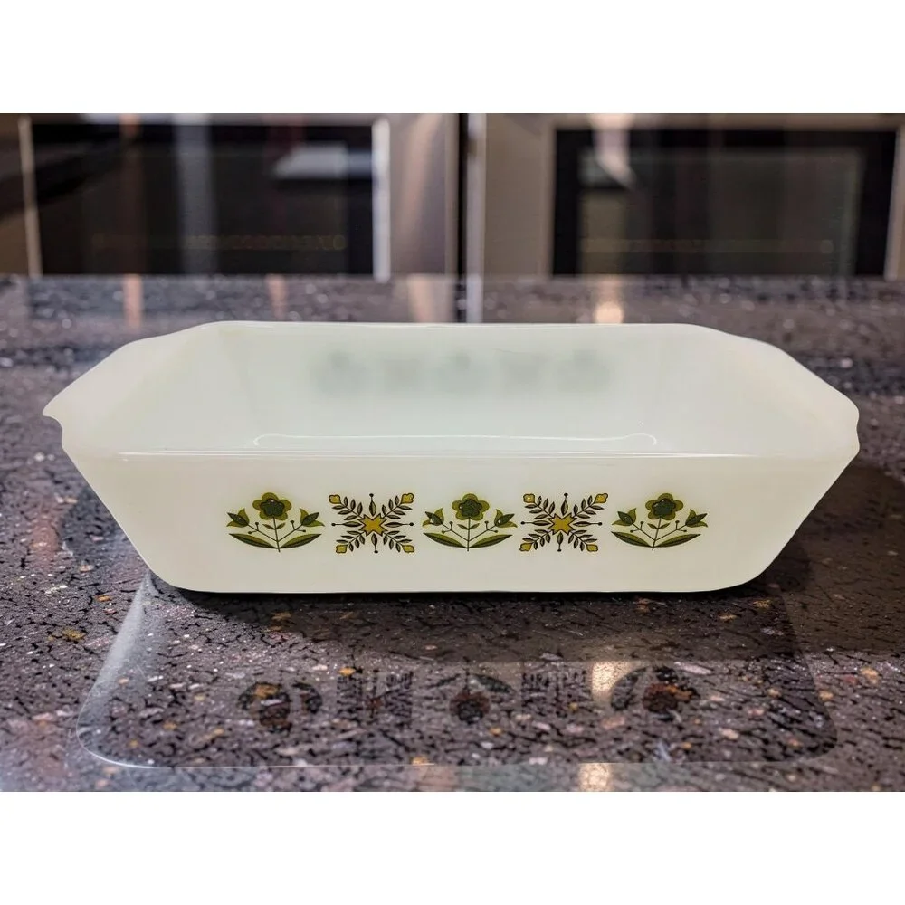 Vintage 60-70's Fire King Anchor Hocking Meadow Green Pattern Loafpan